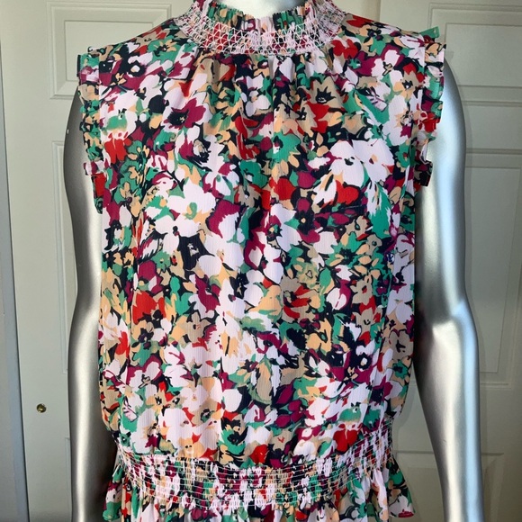 J.CREW Red Floral Print Ruffle Neck Top Women Size 12 Sleeveless - Picture 1 of 8
